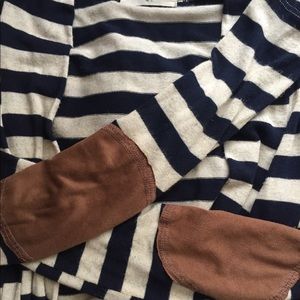 navy cream stripe cardigan tan suede elbow patch